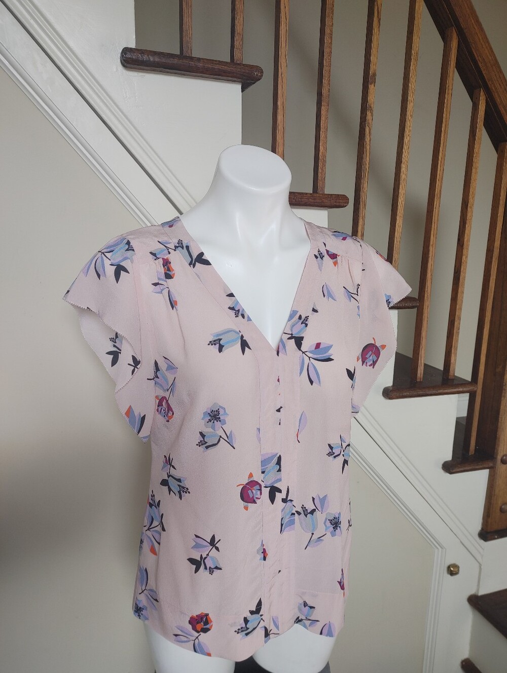 Rebecca Taylor Pink Floral V-Neck Flutter Sleeve Silk Top Size 6